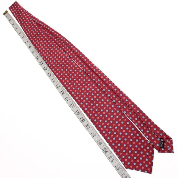 Drake's NWT Neck Tie in Red with Light Blue & White Geometric Pattern 100% Silk